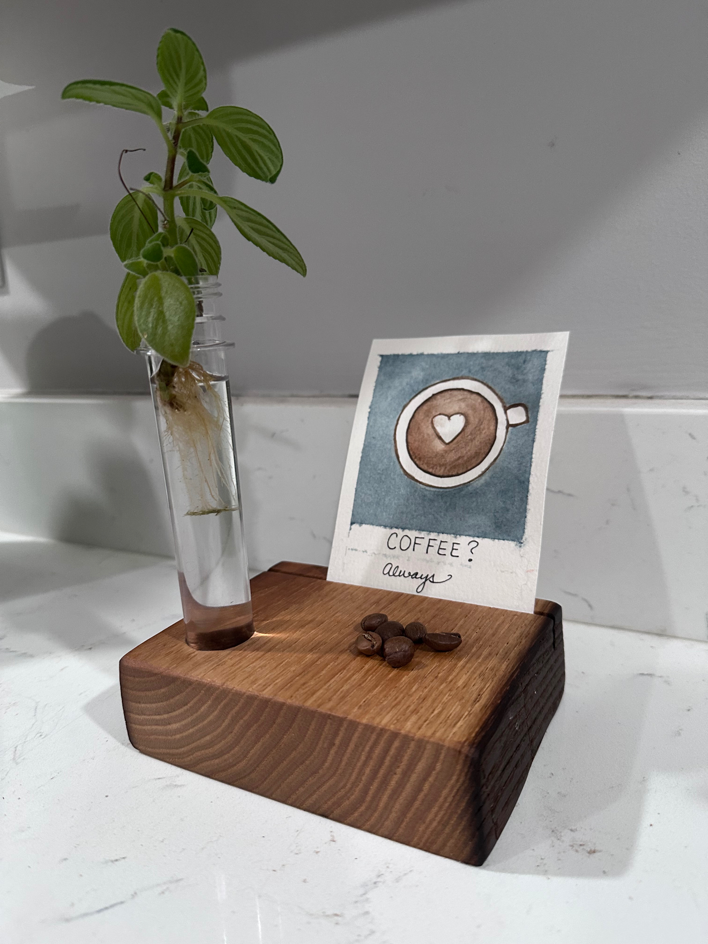 Walnut bud vase and card holder styled with a coffee-themed card