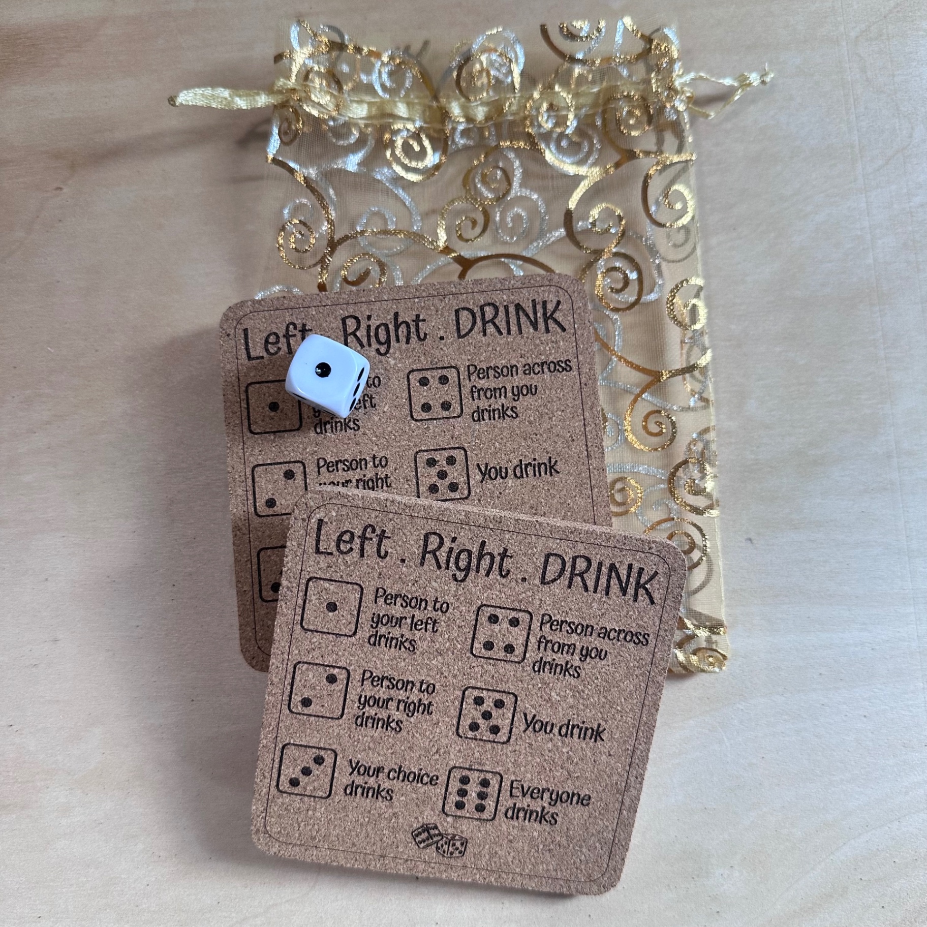 Laser-engraved Left Right Drink coasters with die and gift bag