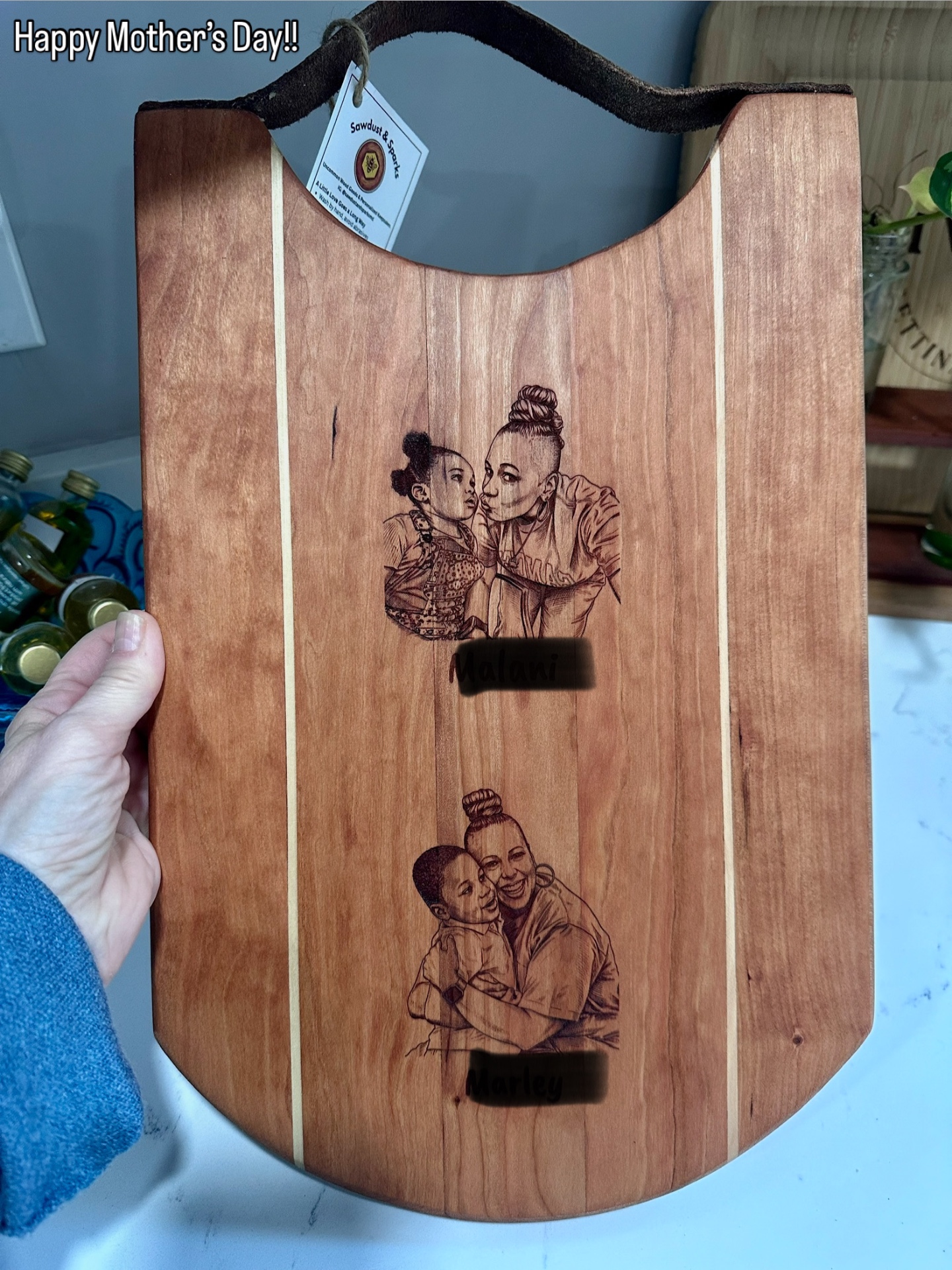 Cherry wood serving board engraved with mother and child photos