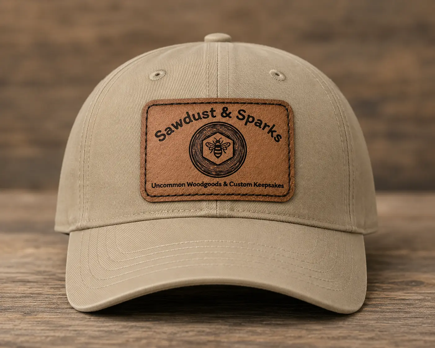 Khaki cap with a leatherette patch engraved with the Sawdust & Sparks logo
