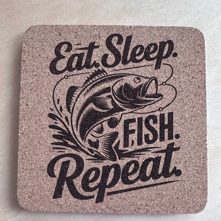 Square cork coaster engraved: Eat. Sleep. Fish. Repeat.