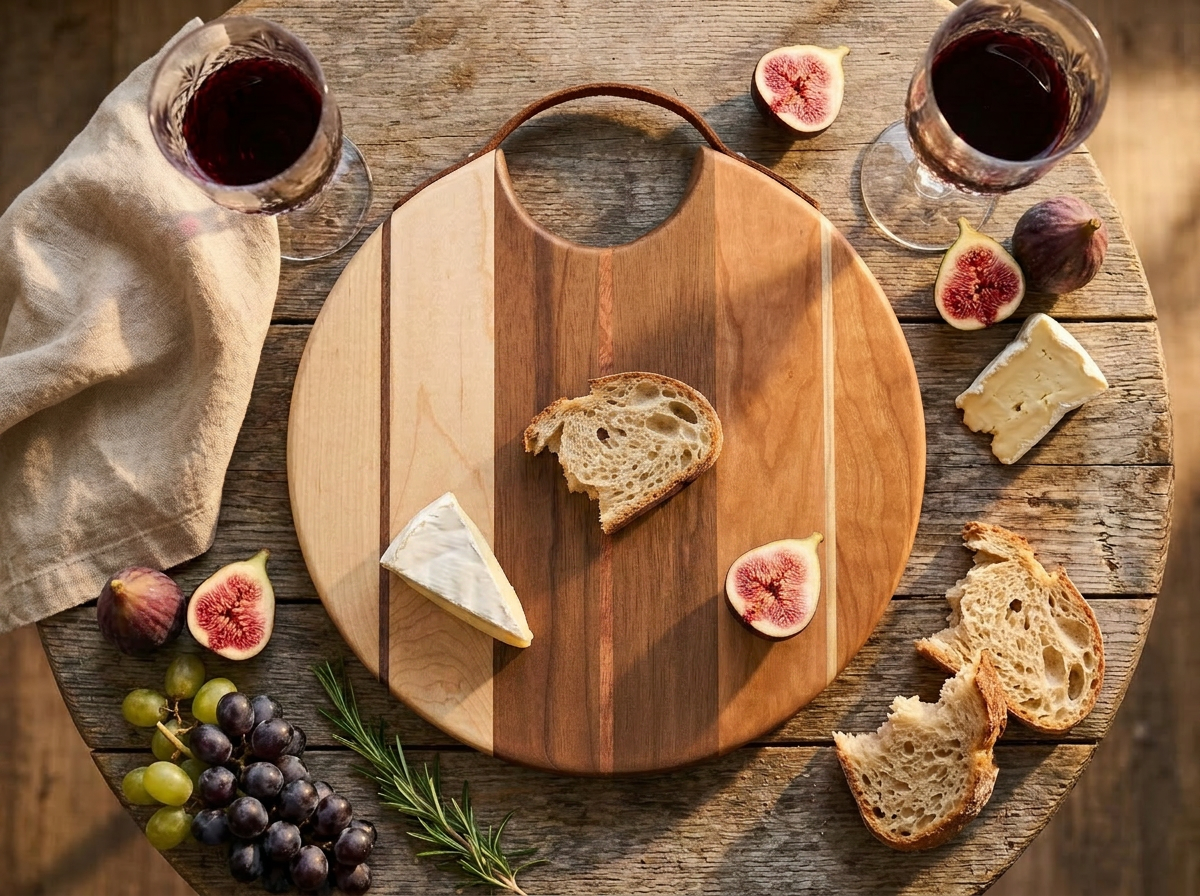 Handcrafted teardrop wooden cutting board on a bistro table