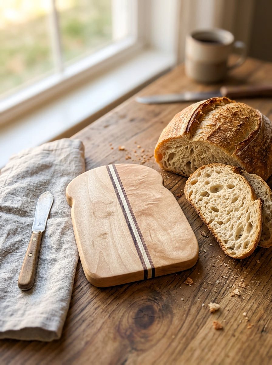 Baby Board styled on a breakfast table with a rustic sourdough loaf
