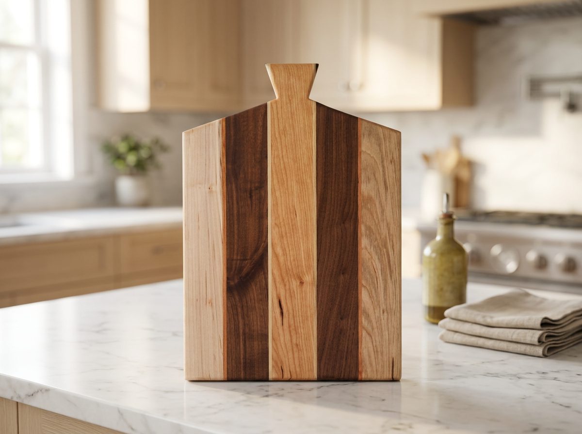 Gallery Plank Board — multi-wood plank with handle on a kitchen counter