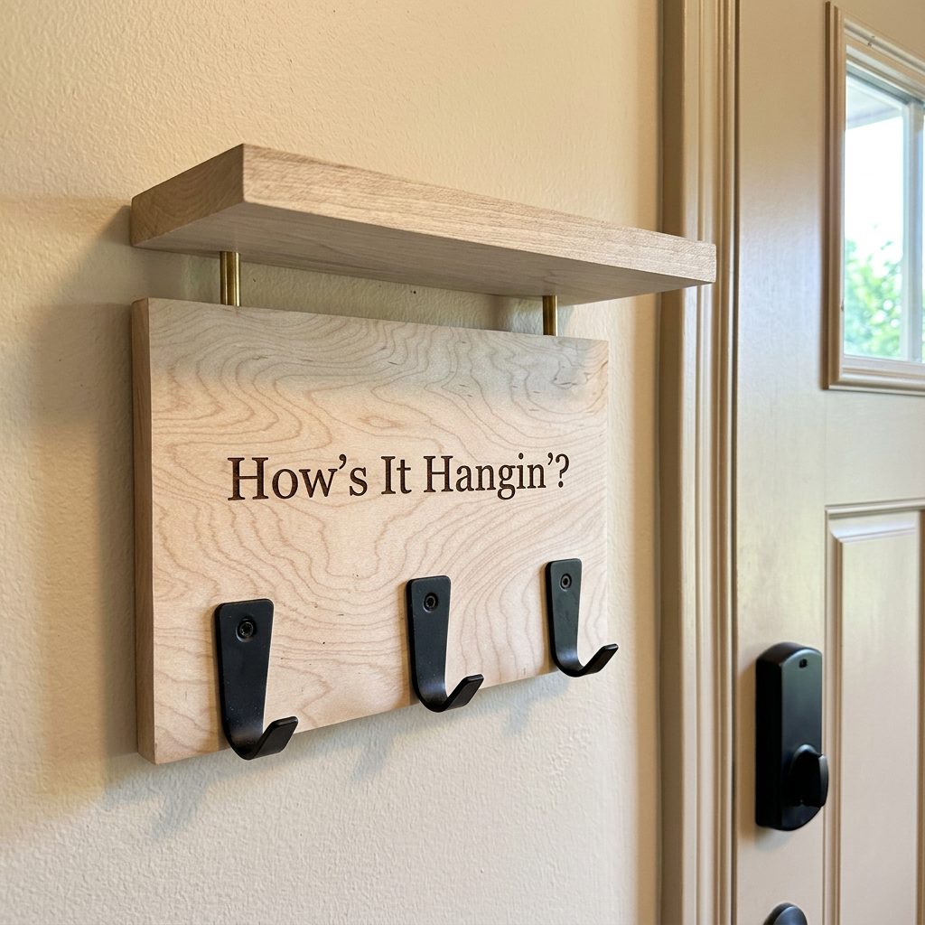 How's It Hangin'? maple entryway shelf mounted at eye level next to an exterior door