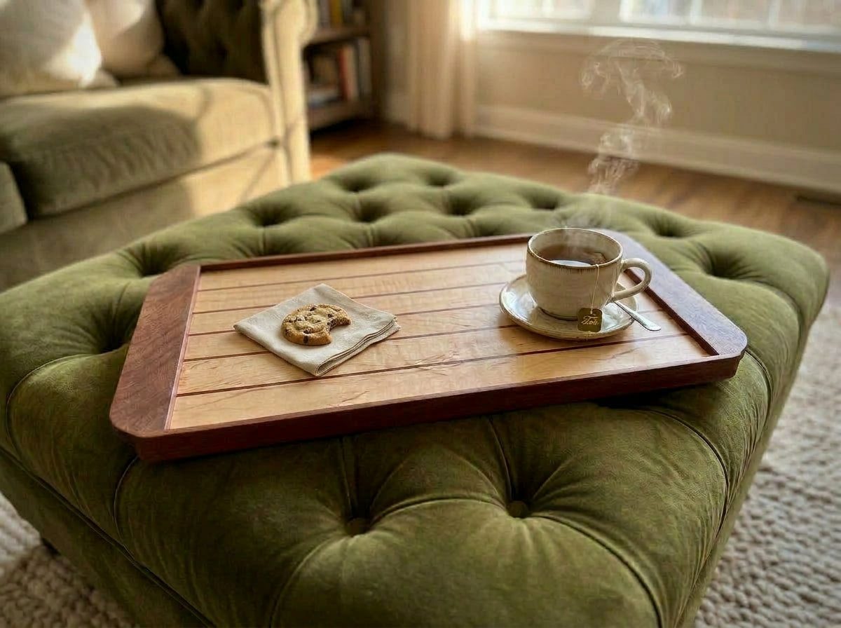 Sapele and maple serving tray styled on an olive green tufted ottoman with a cup of tea and a smaller cookie and napkin on the left