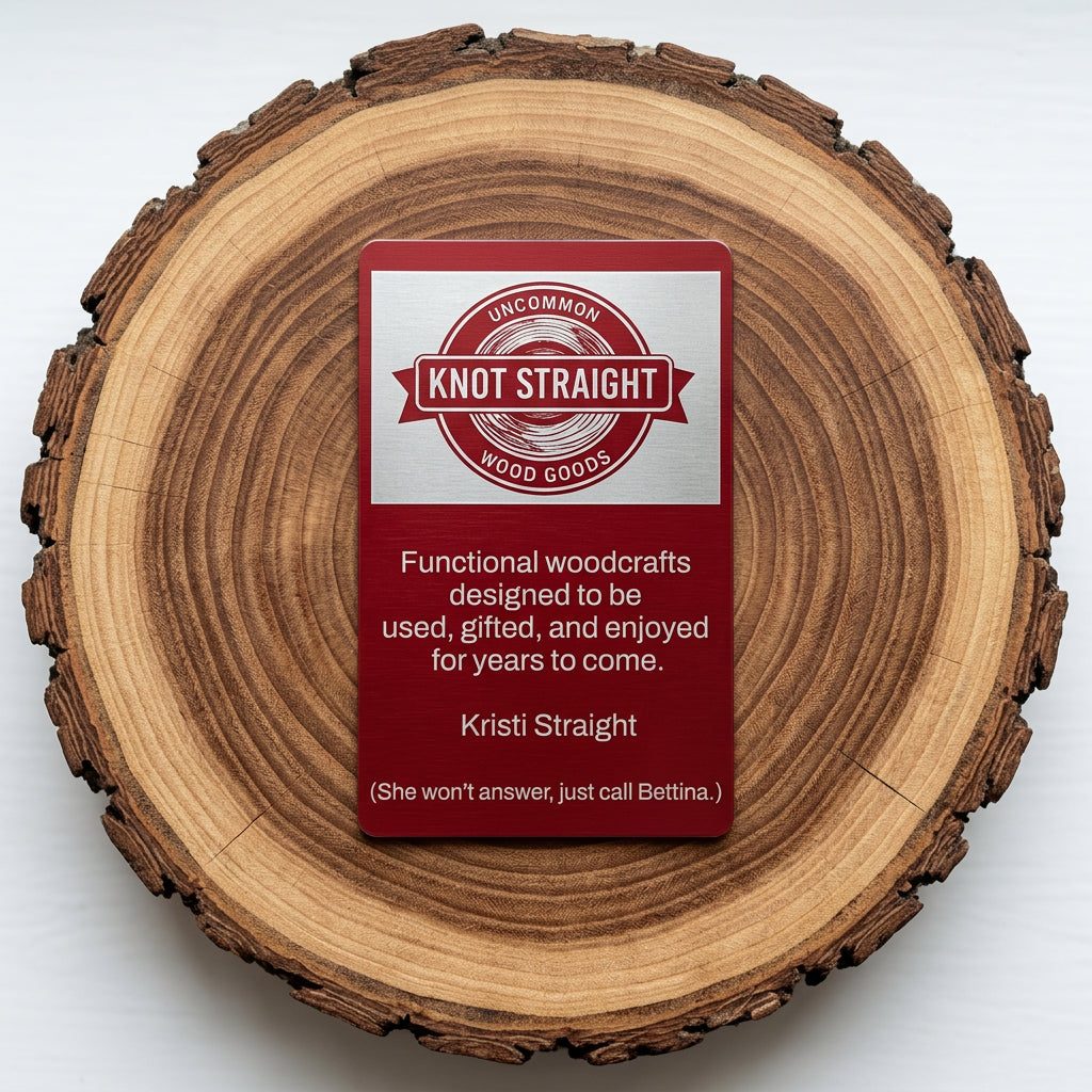 Metal business card on wood
