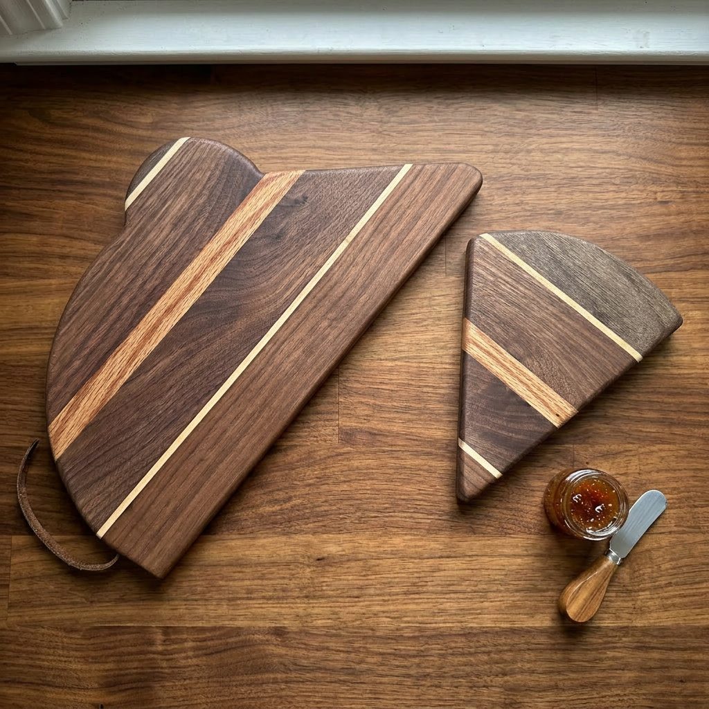 Mouse and Cheese Board Set — walnut with maple and ash stripes