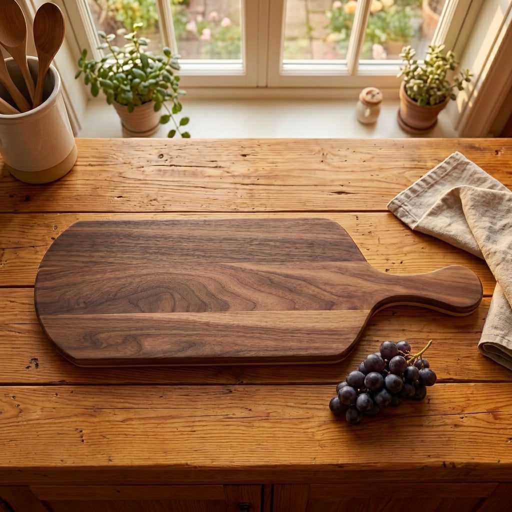 Paddle Up Server walnut serving board, overhead view on a set table