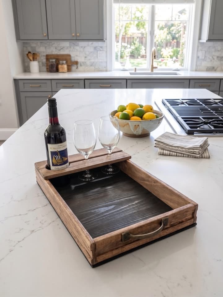 Reclaimed wood wine tray with bottle and glass slots and metal handles