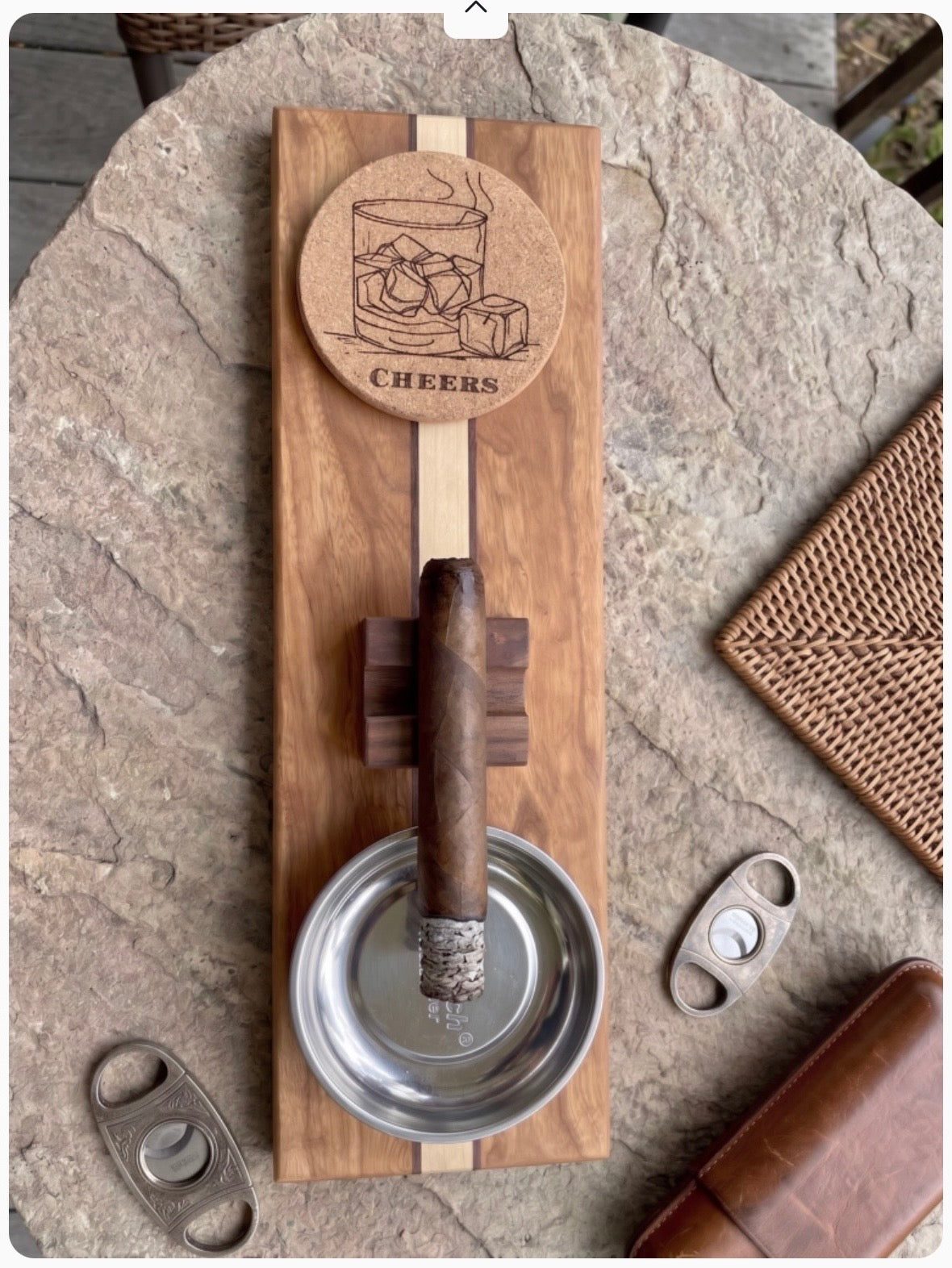 Sip & Cigar Board Small with magnetized Cheers cork coaster, ashtray, and walnut cigar holders