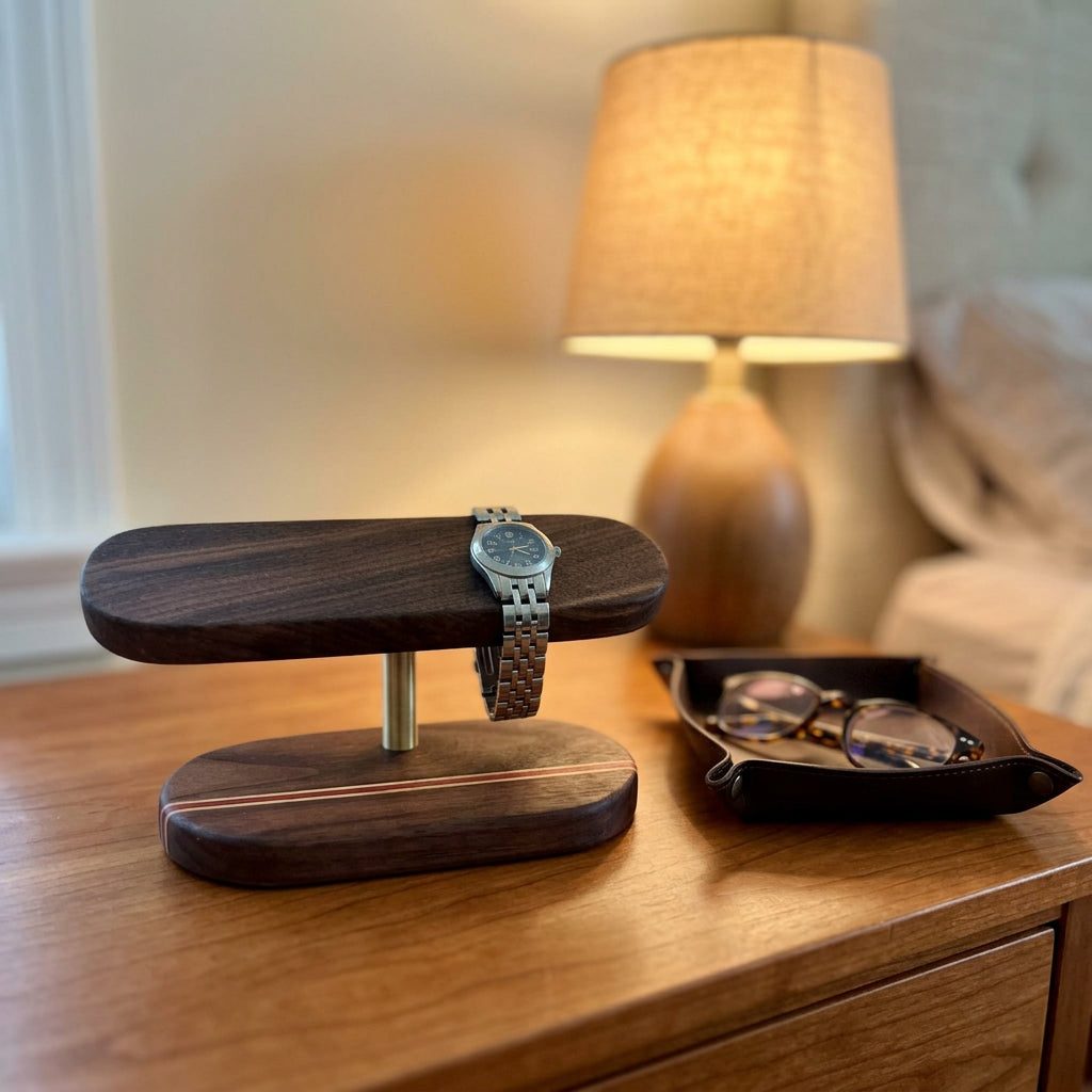Walnut Timekeeper Stand for watches and jewelry