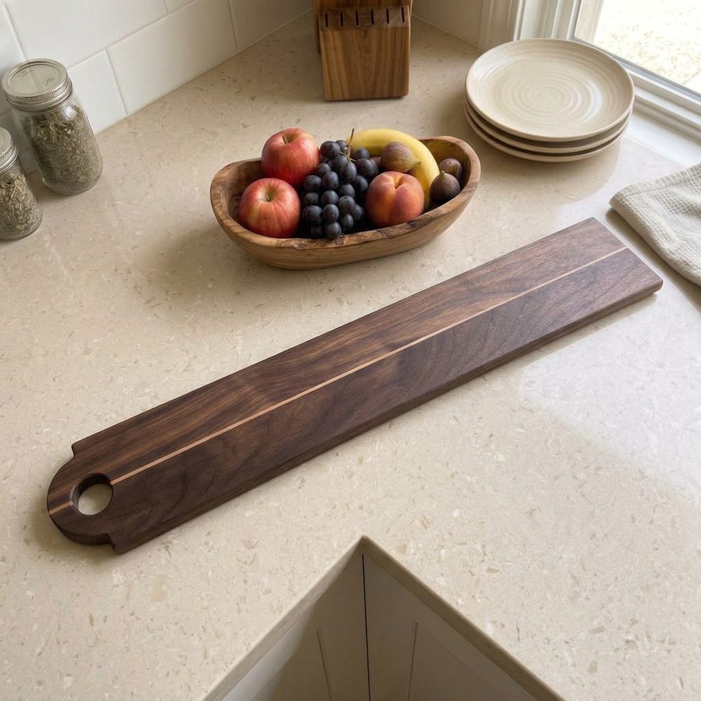 Full walnut ribbon serving board with maple inlay and round handle on a kitchen counter